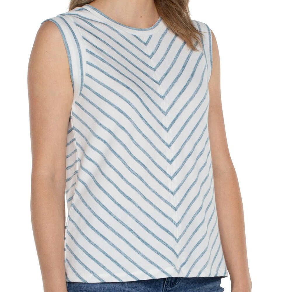 NWT Liverpool Scoop Neck Modern Muscle Tee With Miter Front In Ocean Blue Stripe